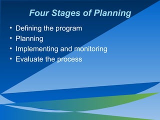 Four Stages of Planning <ul><li>Defining the program </li></ul><ul><li>Planning </li></ul><ul><li>Implementing and monitor...