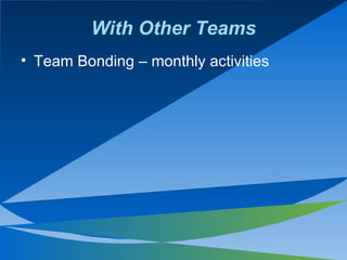With Other Teams <ul><li>Team Bonding – monthly activities  </li></ul>