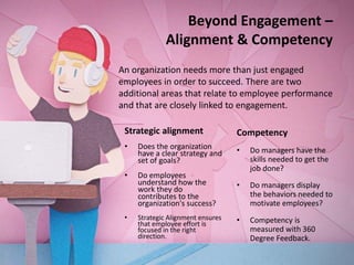 Beyond Engagement –
Alignment & Competency
Strategic alignment
• Does the organization
have a clear strategy and
set of goals?
• Do employees
understand how the
work they do
contributes to the
organization's success?
• Strategic Alignment ensures
that employee effort is
focused in the right
direction.
An organization needs more than just engaged
employees in order to succeed. There are two
additional areas that relate to employee performance
and that are closely linked to engagement.
Competency
• Do managers have the
skills needed to get the
job done?
• Do managers display
the behaviors needed to
motivate employees?
• Competency is
measured with 360
Degree Feedback.
 