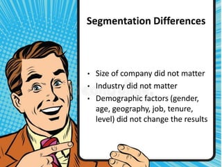 Segmentation Differences
• Size of company did not matter
• Industry did not matter
• Demographic factors (gender,
age, geography, job, tenure,
level) did not change the results
 