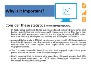 Consider these statistics (from getfeedback.net):
―In 2006, Gallup examined 23,910 business units and compared top quartile and
bottom quartile financial performance with engagement scores. They found that
businesses with engagement scores in the top quartile averaged 12% higher
customer advocacy, 18% higher productivity, and 12% higher profitability.
―A second Gallup study in 2006 of earnings per share growth of 89 organizations
found the EPS growth rate of organizations with engagement scores in the top
quartile was 2.6 times higher than organizations with below-average
engagement scores.
―The Corporate Leadership Council reported that engaged organizations grew
profits as much as 3 times faster than their competitors.
―Hewitt reported that businesses with more than 10% profit growth, had 39%
more engaged employees, and 45% fewer disengaged employees than
businesses with less than 10% growth.
Why is it Important?
 
