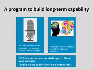 A program to build long-term capability
Recorded training modules
Available for HR Business
partners and line managers
Open Q&A ‘surgeries’ to take
questions and discuss
solutions
HR Business partners are challenged to „Know
your Managers‟
- providing the support where it is needed most
 