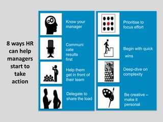 8 ways HR
can help
managers
start to
take
action
Communi
cate
results
first
Know your
manager
Help them
get in front of
their team
Delegate to
share the load
Prioritise to
focus effort
Begin with quick
wins
Be creative –
make it
personal
Deep-dive on
complexity
 