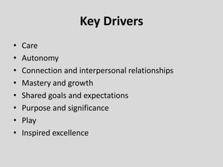 • Care
• Autonomy
• Connection and interpersonal relationships
• Mastery and growth
• Shared goals and expectations
• Purpose and significance
• Play
• Inspired excellence
Key Drivers
 