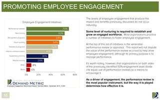 PROMOTING EMPLOYEE ENGAGEMENT

Some level of nurturing is required to establish and
grow an engaged workforce.

Employee Engagement Benchmark Report, Demand Metric, December 2013, n=291

16

As a driver of engagement, the performance review is
the most popular instrument, but the way it is played
determines how effective it is.

 