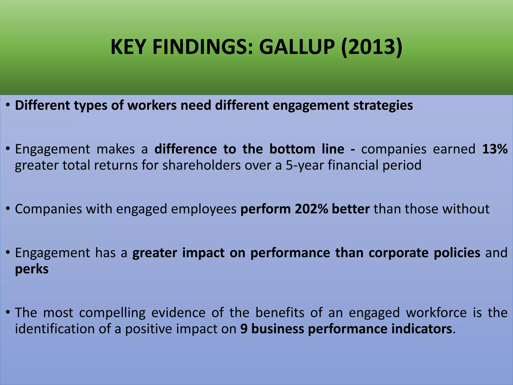 KEY FINDINGS: GALLUP (2013)
• Different types of workers need different engagement strategies
• Engagement makes a difference to the bottom line - companies earned 13%
greater total returns for shareholders over a 5-year financial period
• Companies with engaged employees perform 202% better than those without
• Engagement has a greater impact on performance than corporate policies and
perks
• The most compelling evidence of the benefits of an engaged workforce is the
identification of a positive impact on 9 business performance indicators.
 