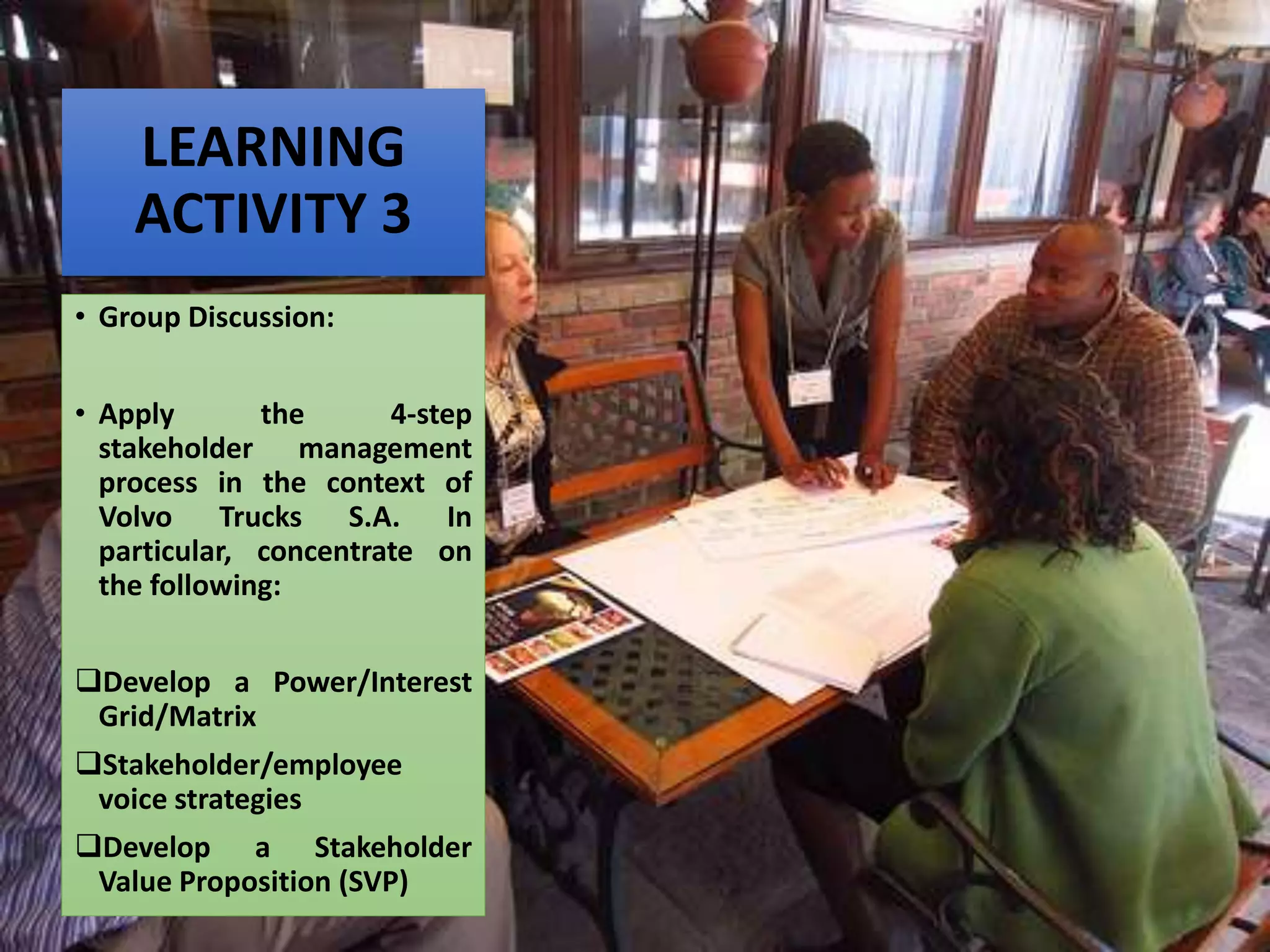 LEARNING
ACTIVITY 3
• Group Discussion:
• Apply the 4-step
stakeholder management
process in the context of
Volvo Trucks S.A. In
particular, concentrate on
the following:
Develop a Power/Interest
Grid/Matrix
Stakeholder/employee
voice strategies
Develop a Stakeholder
Value Proposition (SVP)
 