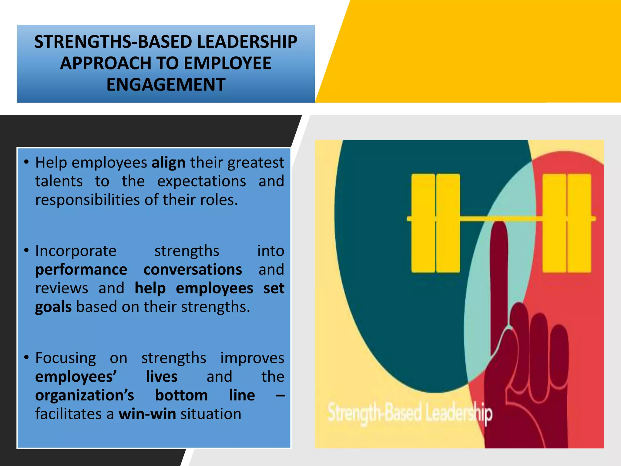 STRENGTHS-BASED LEADERSHIP
APPROACH TO EMPLOYEE
ENGAGEMENT
• Help employees align their greatest
talents to the expectations and
responsibilities of their roles.
• Incorporate strengths into
performance conversations and
reviews and help employees set
goals based on their strengths.
• Focusing on strengths improves
employees’ lives and the
organization’s bottom line –
facilitates a win-win situation
 