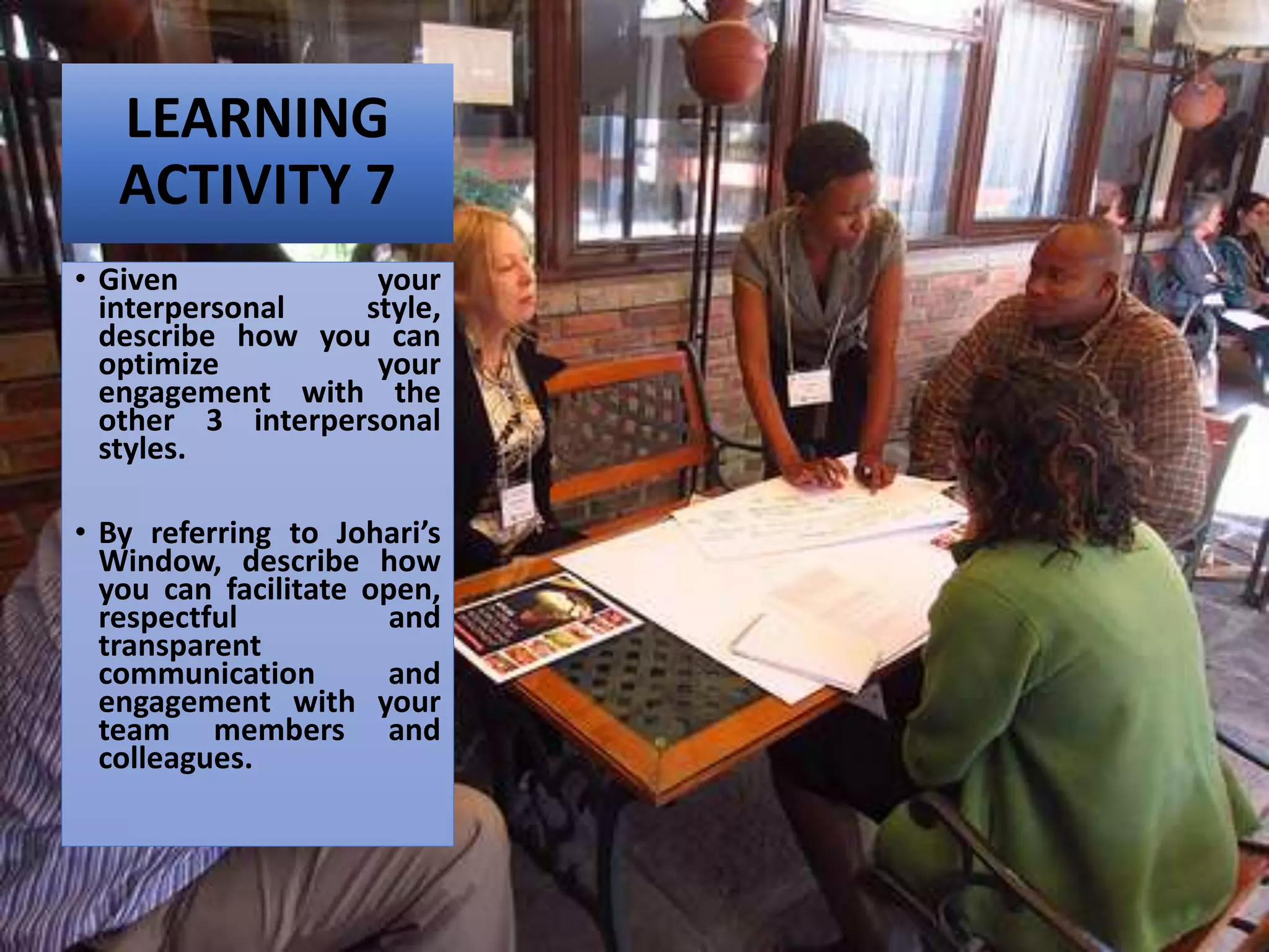 LEARNING
ACTIVITY 7
• Given your
interpersonal style,
describe how you can
optimize your
engagement with the
other 3 interpersonal
styles.
• By referring to Johari’s
Window, describe how
you can facilitate open,
respectful and
transparent
communication and
engagement with your
team members and
colleagues.
 
