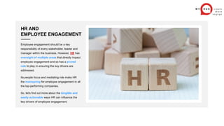 6
HR AND
EMPLOYEE ENGAGEMENT
Employee engagement should be a key
responsibility of every stakeholder, leader and
manager w...