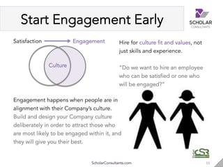 Start Engagement Early
15"ScholarConsultants.com
Satisfaction Engagement
Culture
Hire for culture fit and values, not
just...