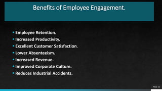 Benefits of Employee Engagement.
 Employee Retention.
 Increased Productivity.
 Excellent Customer Satisfaction.
 Lowe...