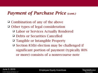 Payment of Purchase Price                            (cont.)


              Combination of any of the above
              Other types of legal consideration
                 Labor or Services Actually Rendered
                 Debts or Securities Cancelled
                 Tangible or Intangible Property
                 Section 83(b) election may be challenged if
                  significant portion of payment (typically 80%
                  or more) consists of a nonrecourse note



June 3, 2010                    Employee Equity Incentives
© 2010 Haynes and Boone, LLP
 