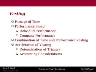 Vesting
                     Passage of Time
                     Performance Based
                        Individual Performance
                        Company Performance
                     Combination of Time and Performance Vesting
                     Acceleration of Vesting
                        Determination of Triggers
                        Accounting Considerations




June 3, 2010                       Employee Equity Incentives
© 2010 Haynes and Boone, LLP
 