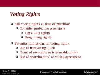 Voting Rights

                   Full voting rights at time of purchase
                      Consider protective provisions
                          Tag-a-long rights
                          Drag-a-long rights

                   Potential limitations on voting rights
                      Use of non-voting stock
                      Grant of revocable or irrevocable proxy
                      Use of shareholders’ or voting agreement




June 3, 2010                         Employee Equity Incentives
© 2010 Haynes and Boone, LLP
 