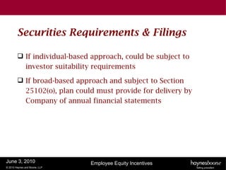 Securities Requirements & Filings

         If individual-based approach, could be subject to
          investor suitability requirements

         If broad-based approach and subject to Section
          25102(o), plan could must provide for delivery by
          Company of annual financial statements




June 3, 2010                   Employee Equity Incentives
© 2010 Haynes and Boone, LLP
 