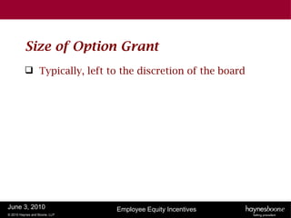 Size of Option Grant
           Typically, left to the discretion of the board




June 3, 2010                   Employee Equity Incentives
© 2010 Haynes and Boone, LLP
 