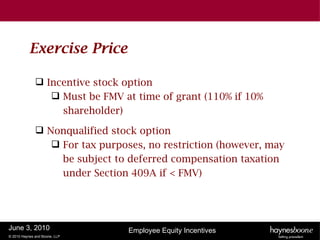 Exercise Price

               Incentive stock option
                  Must be FMV at time of grant (110% if 10%
                   shareholder)

               Nonqualified stock option
                  For tax purposes, no restriction (however, may
                   be subject to deferred compensation taxation
                   under Section 409A if < FMV)




June 3, 2010                     Employee Equity Incentives
© 2010 Haynes and Boone, LLP
 