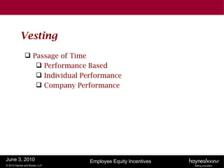 Vesting
               Passage of Time
                  Performance Based
                  Individual Performance
                  Company Performance




June 3, 2010                    Employee Equity Incentives
© 2010 Haynes and Boone, LLP
 