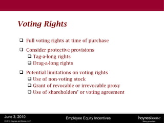 Voting Rights

                Full voting rights at time of purchase

                Consider protective provisions
                  Tag-a-long rights
                  Drag-a-long rights

                Potential limitations on voting rights
                   Use of non-voting stock
                   Grant of revocable or irrevocable proxy
                   Use of shareholders’ or voting agreement




June 3, 2010                       Employee Equity Incentives
© 2010 Haynes and Boone, LLP
 