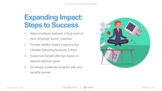 bamboohr.com league.com
Employee Experience Matters
Expanding Impact:
Steps to Success
1. Make employee wellness a focal point of
your “employer brand” materials
2. Provide healthy reward programs like
Lifestyle Spending Accounts (LSAs)
3. Customize benefit offerings based on
desired retention goals
4. Co-design a wellness program with your
benefits partner
 