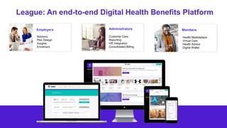 League: An end-to-end Digital Health Benefits Platform
Members
Health Marketplace
Virtual Care
Health Advice
Digital Wallet
Employers
Advisory
Plan Design
Insights
Enrolment
Administrators
Customer Care
Reporting
HR Integration
Consolidated Billing
 