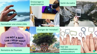 Remettre de l’humain
Changer de “mindset”
Voir ses
collaborateurs en
ambassadeurs
Formaliser une vision cible
Sortir du cadre
Encourager à
expérimenter
 