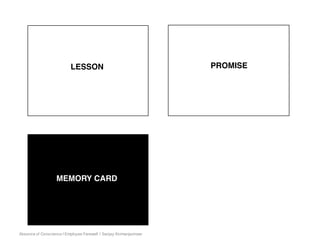 Absence of Conscience | Employee Farewell | Sanjay Kirimanjeshwar
LESSON
MEMORY CARD
PROMISE
 