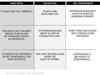 Absence of Conscience | Employee Farewell | Sanjay Kirimanjeshwar
IT COULD BE YOU, SOMEDAY.
THE RESULTANT VACANCY
NEEDS TO BE FILLED
BY FAIRNESS THAN BY
AN INDIVIDUAL.
IF SOURCE OF HAPPINESS
IS NOT HONORABLE, YOU
GAIN NO PEACE.
PEOPLE ARE
WATCHING YOU.
HARD TRUTH ACCOUNTING SELF IMPROVEMENT
TO PROGRESS BASIS
MERIT IS VOID OF
CHARACTER LOSS.
YOU CAN’T BE INSULATED
FROM THE
AUDIT OF KARMA.
HAPPINESS SHOULDN’T
HAVE ITS ROOTS IN
SOMEONE’S MISERY.
DON’T CONFUSE CHOICE
WITH FORCED UPON
DECISIONS.
CONSCIENCE IS
OBLIVIOUS TO
CONVENIENCE.
 