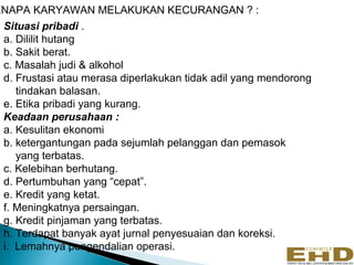 ENAPA KARYAWAN MELAKUKAN KECURANGAN ? :
 Situasi pribadi .
 a. Dililit hutang
 b. Sakit berat.
 c. Masalah judi & alkohol
 d. Frustasi atau merasa diperlakukan tidak adil yang mendorong
    tindakan balasan.
 e. Etika pribadi yang kurang.
 Keadaan perusahaan :
 a. Kesulitan ekonomi
 b. ketergantungan pada sejumlah pelanggan dan pemasok
    yang terbatas.
 c. Kelebihan berhutang.
 d. Pertumbuhan yang “cepat”.
 e. Kredit yang ketat.
 f. Meningkatnya persaingan.
 g. Kredit pinjaman yang terbatas.
 h. Terdapat banyak ayat jurnal penyesuaian dan koreksi.
 i. Lemahnya pengendalian operasi.
 