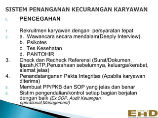 I.   PENCEGAHAN

1.   Rekruitmen karyawan dengan persyaratan tepat
2.   a. Wawancara secara mendalam(Deeply Interview).
     b. Psikotes
     c. Tes Kesehatan
     d. PANTOHIR
3.   Check dan Recheck Referensi (Surat/Dokumen,
     Ijazah,KTP,Perusahaan sebelumnya, keluarga/kerabat,
     alamat jelas)
4.   Penandatanganan Pakta Integritas (Apabila karyawan
     diterima)
5.   Membuat PP/PKB dan SOP yang jelas dan benar
6.   Sistim pengendalian/kontrol setiap bagian berjalan
     dengan baik (Ex.SOP, Audit Keuangan,
     operational,Management)
 