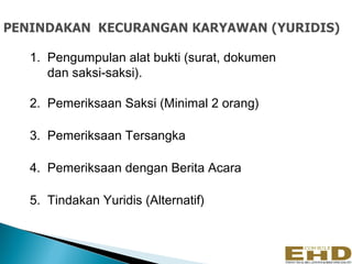 1. Pengumpulan alat bukti (surat, dokumen
   dan saksi-saksi).

2. Pemeriksaan Saksi (Minimal 2 orang)

3. Pemeriksaan Tersangka

4. Pemeriksaan dengan Berita Acara

5. Tindakan Yuridis (Alternatif)
 