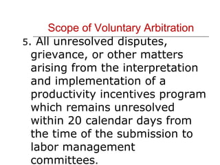 Scope of Voluntary Arbitration 5 . All unresolved disputes, grievance, or other matters arising from the interpretation and implementation of a productivity incentives program which remains unresolved within 20 calendar days from the time of the submission to labor management committees . 