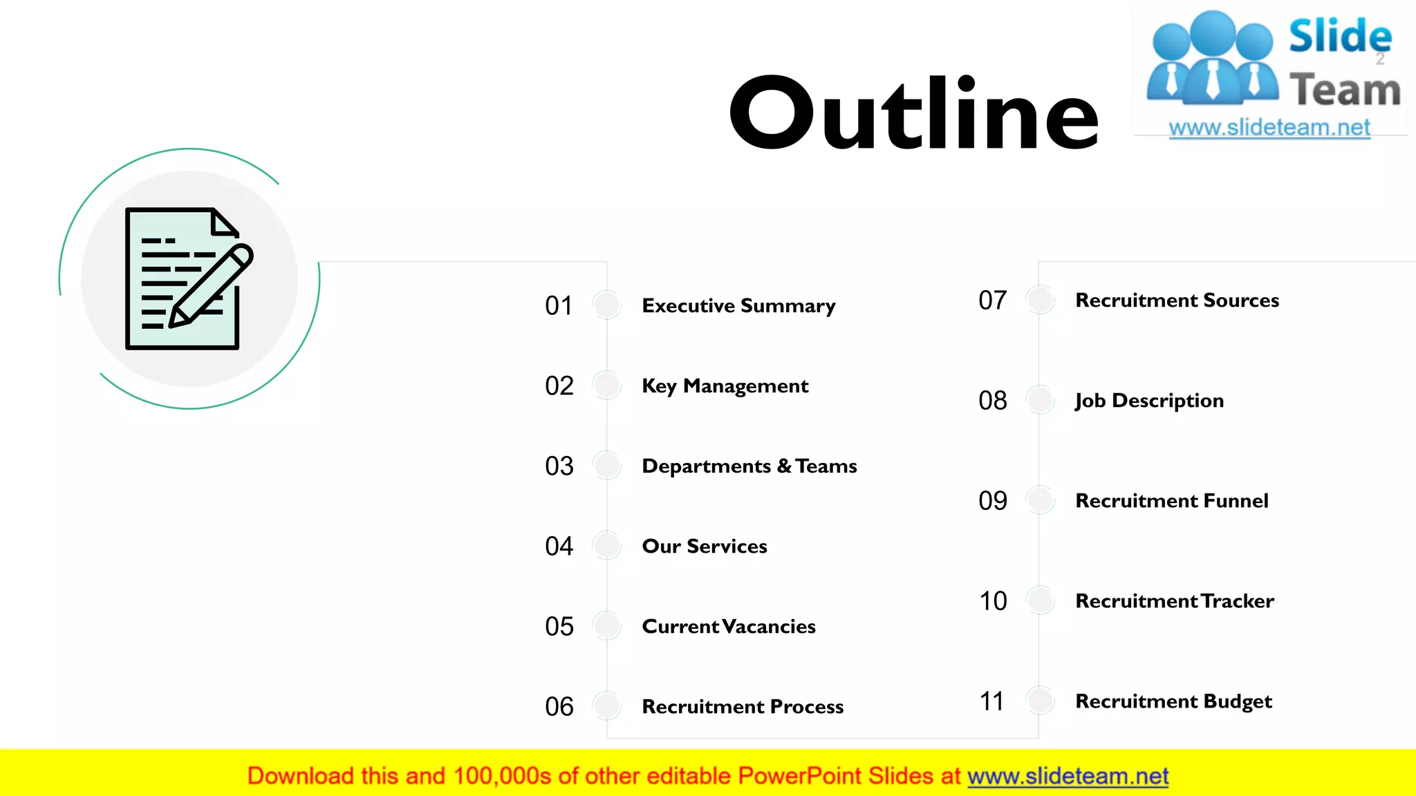 2
Executive Summary01
Key Management02
Departments &Teams03
Our Services04
CurrentVacancies05
Recruitment Process06
Recruitment Sources07
Job Description08
Recruitment Funnel09
RecruitmentTracker10
Recruitment Budget11
Outline
 