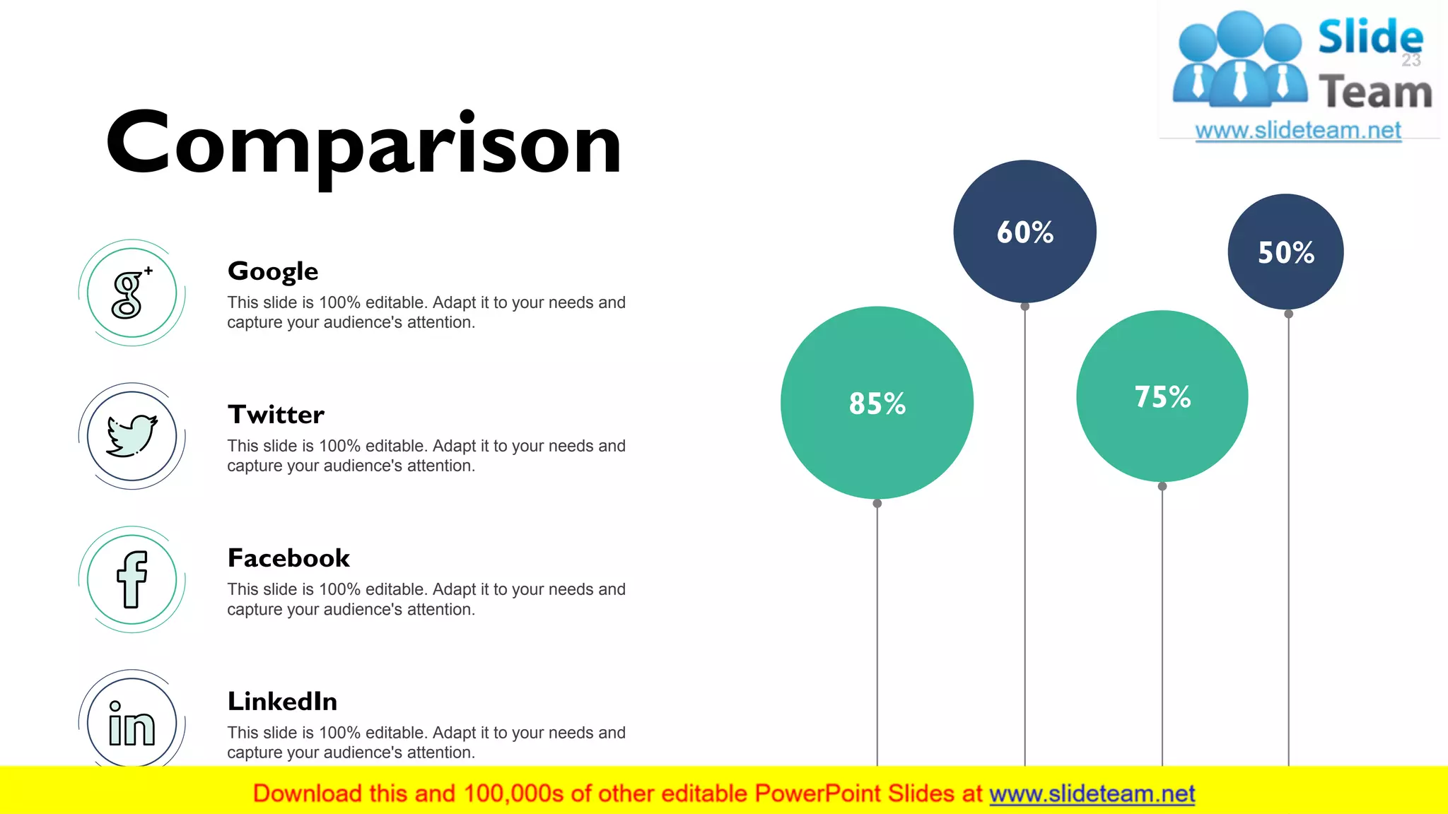 23
85%
60%
50%
75%
Comparison
This slide is 100% editable. Adapt it to your needs and
capture your audience's attention.
Twitter
This slide is 100% editable. Adapt it to your needs and
capture your audience's attention.
Facebook
This slide is 100% editable. Adapt it to your needs and
capture your audience's attention.
LinkedIn
This slide is 100% editable. Adapt it to your needs and
capture your audience's attention.
Google
 