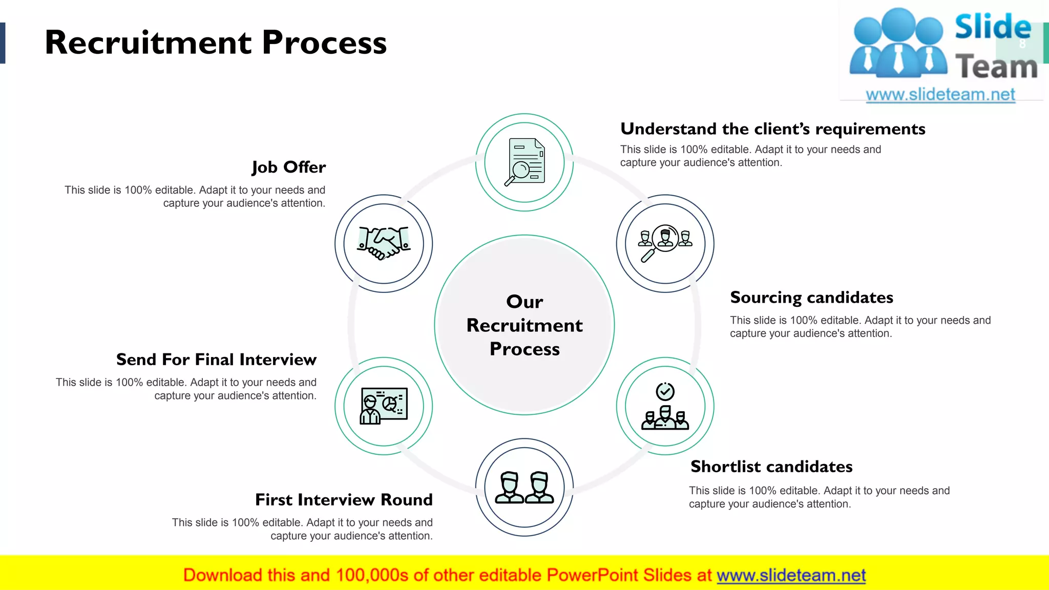 Recruitment Process 8
Understand the client’s requirements
This slide is 100% editable. Adapt it to your needs and
capture your audience's attention.
Sourcing candidates
This slide is 100% editable. Adapt it to your needs and
capture your audience's attention.
Shortlist candidates
This slide is 100% editable. Adapt it to your needs and
capture your audience's attention.
Job Offer
This slide is 100% editable. Adapt it to your needs and
capture your audience's attention.
Send For Final Interview
This slide is 100% editable. Adapt it to your needs and
capture your audience's attention.
First Interview Round
This slide is 100% editable. Adapt it to your needs and
capture your audience's attention.
Our
Recruitment
Process
 