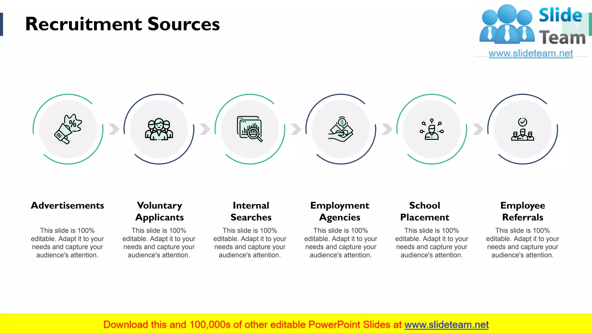 Recruitment Sources 9
Advertisements
This slide is 100%
editable. Adapt it to your
needs and capture your
audience's attention.
This slide is 100%
editable. Adapt it to your
needs and capture your
audience's attention.
Employee
Referrals
This slide is 100%
editable. Adapt it to your
needs and capture your
audience's attention.
School
Placement
This slide is 100%
editable. Adapt it to your
needs and capture your
audience's attention.
Employment
Agencies
This slide is 100%
editable. Adapt it to your
needs and capture your
audience's attention.
Voluntary
Applicants
This slide is 100%
editable. Adapt it to your
needs and capture your
audience's attention.
Internal
Searches
 