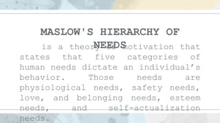 MASLOW'S HIERARCHY OF
NEEDS
is a theory of motivation that
states that five categories of
human needs dictate an individua...