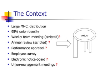 The Context Large MNC, distribution 95% union density Weekly team meeting (scripted) ? Annual review (scripted)  ? Performance appraisal  ? Employee survey Electronic notice-board  ? Union-management meetings  ? voice 