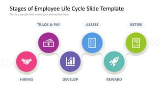 This is a sample text. Insert your desired text here.
Stages of Employee Life Cycle Slide Template
TRACK & PAY
HIRING DEVELOP
ASSESS
REWARD
RETIRE
 