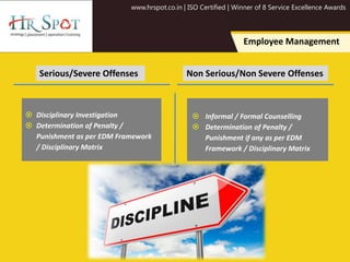 www.hrspot.co.in | ISO Certified | Winner of 8 Service Excellence Awards
Employee Management
 Disciplinary Investigation
 Determination of Penalty /
Punishment as per EDM Framework
/ Disciplinary Matrix
 Informal / Formal Counselling
 Determination of Penalty /
Punishment if any as per EDM
Framework / Disciplinary Matrix
Serious/Severe Offenses Non Serious/Non Severe Offenses
 