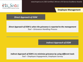 www.hrspot.co.in | ISO Certified | Winner of 8 Service Excellence Awards
Employee Management
Direct Approach of EGM
Indirect Approach of EGM
Indirect Approach of EGM is to minimize grievance by using different tools
Tool – Employee Engagement, Employee Survey
Direct Approach of EGM is when the grievance is reported to the management
Tool – Grievance Handling Process
 