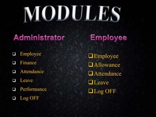  Employee
 Finance
 Attendance
 Leave
 Performance
 Log OFF
Employee
Allowance
Attendance
Leave
Log OFF
 