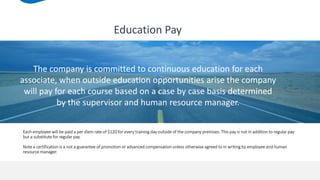 Education Pay
Each employee will be paid a per diem rate of $120 for every training day outside of the company premises. This pay is not in addition to regular pay
but a substitute for regular pay.
Note a certification is a not a guarantee of promotion or advanced compensation unless otherwise agreed to in writing by employee and human
resource manager.
The company is committed to continuous education for each
associate, when outside education opportunities arise the company
will pay for each course based on a case by case basis determined
by the supervisor and human resource manager.
 