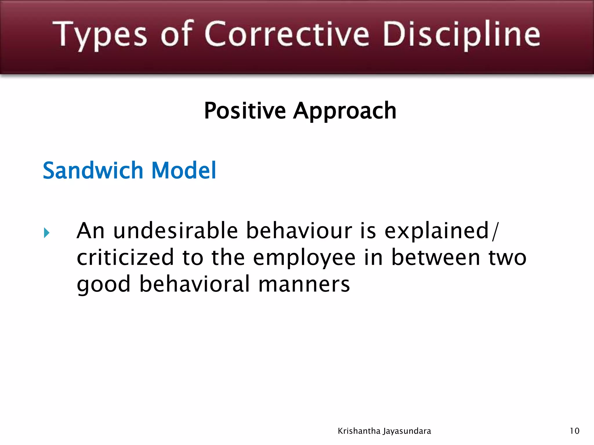 Positive Approach
Sandwich Model
 An undesirable behaviour is explained/
criticized to the employee in between two
good behavioral manners
10Krishantha Jayasundara
 