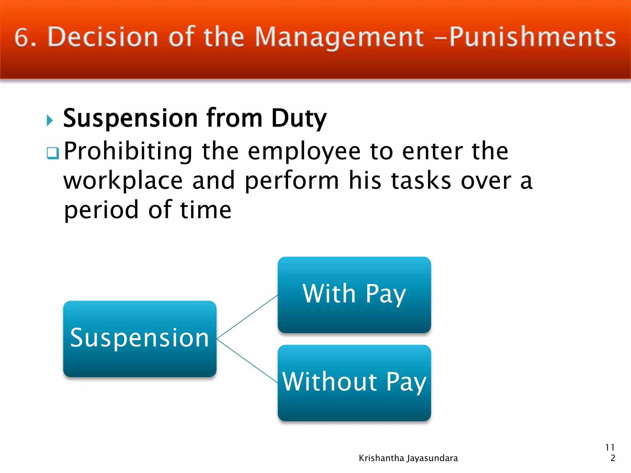  Suspension from Duty
 Prohibiting the employee to enter the
workplace and perform his tasks over a
period of time
Suspension
With Pay
Without Pay
11
2Krishantha Jayasundara
 