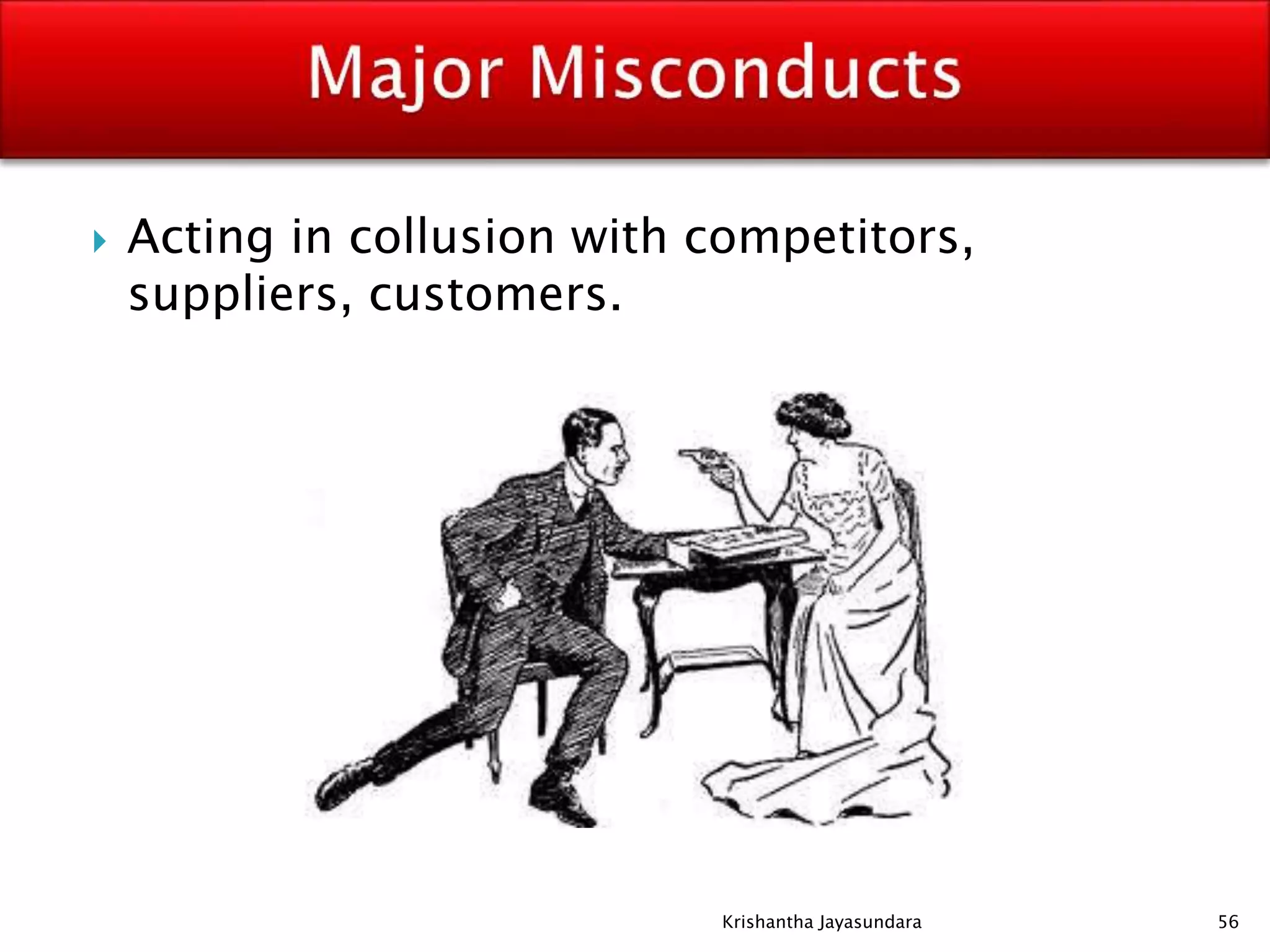  Acting in collusion with competitors,
suppliers, customers.
56Krishantha Jayasundara
 