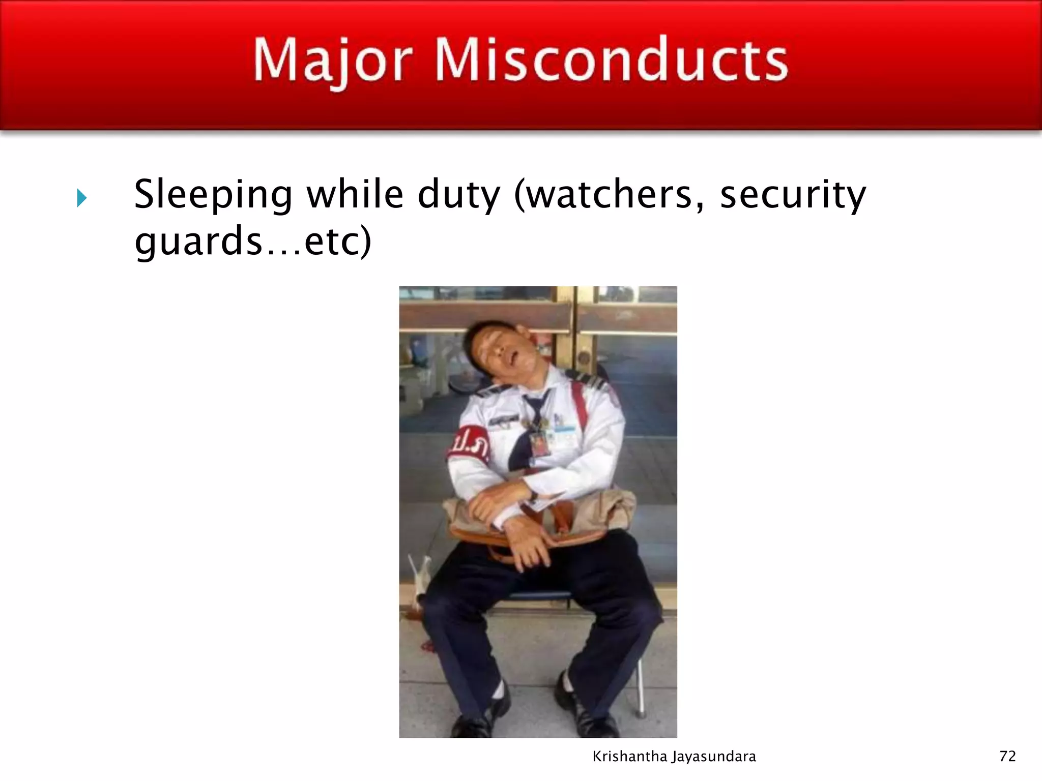  Sleeping while duty (watchers, security
guards…etc)
72Krishantha Jayasundara
 