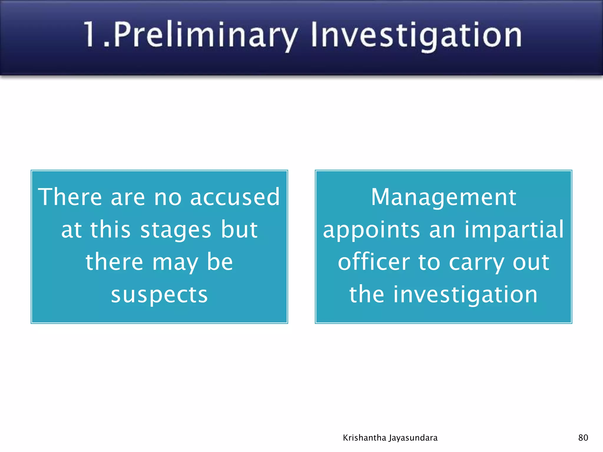 There are no accused
at this stages but
there may be
suspects
Management
appoints an impartial
officer to carry out
the investigation
80Krishantha Jayasundara
 