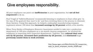 Give employees responsibility.
All your employees can point out inefficiencies in your organization, but not all feel
empo...